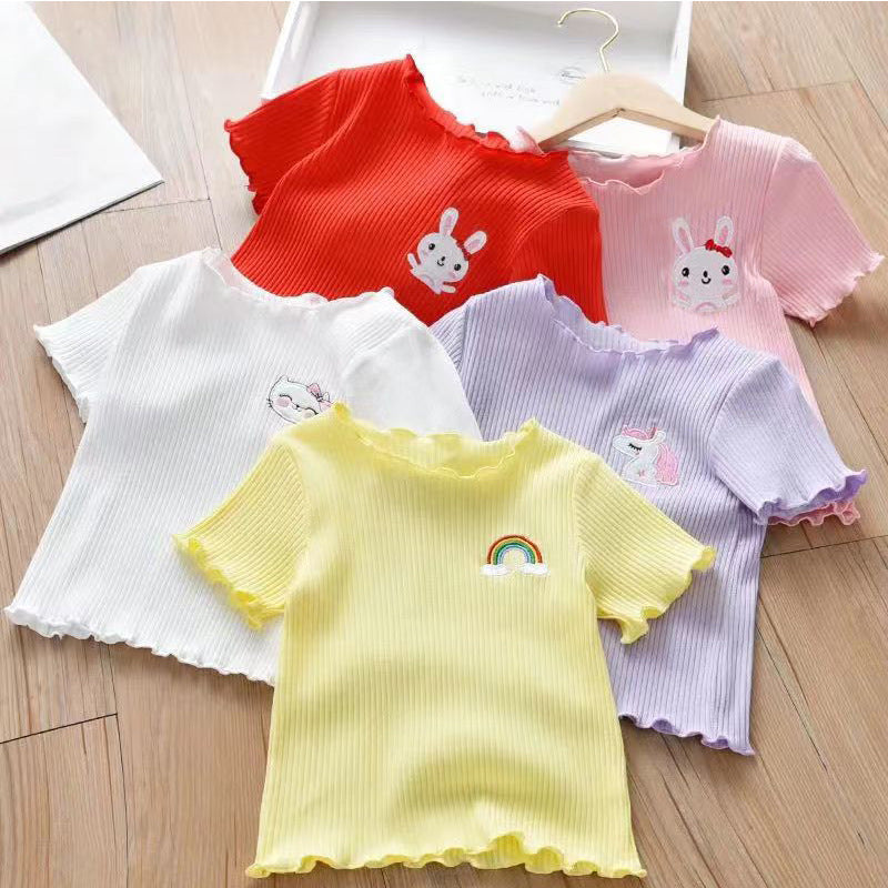 Girls Ice Silk Short Sleeve T-Shirt - Cute Embroidered Summer Lettuce Edge Top