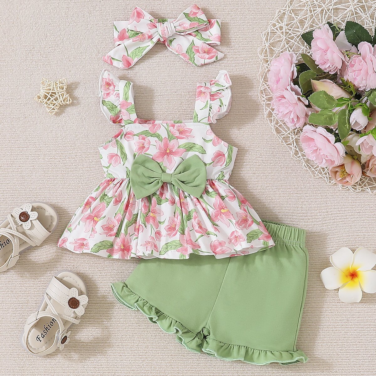 The Petal Picnic | Girls’ Floral Suspender Top & Solid Shorts 2-Piece Set