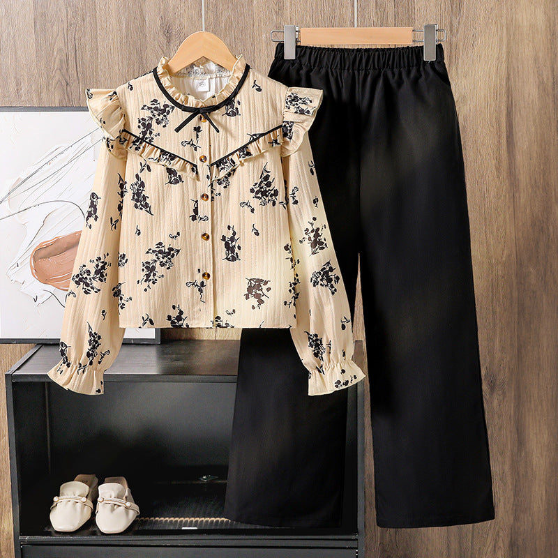 Vintage Romance | Girls Lace Print Long-Sleeve Shirt & Wide-Leg Pants Set