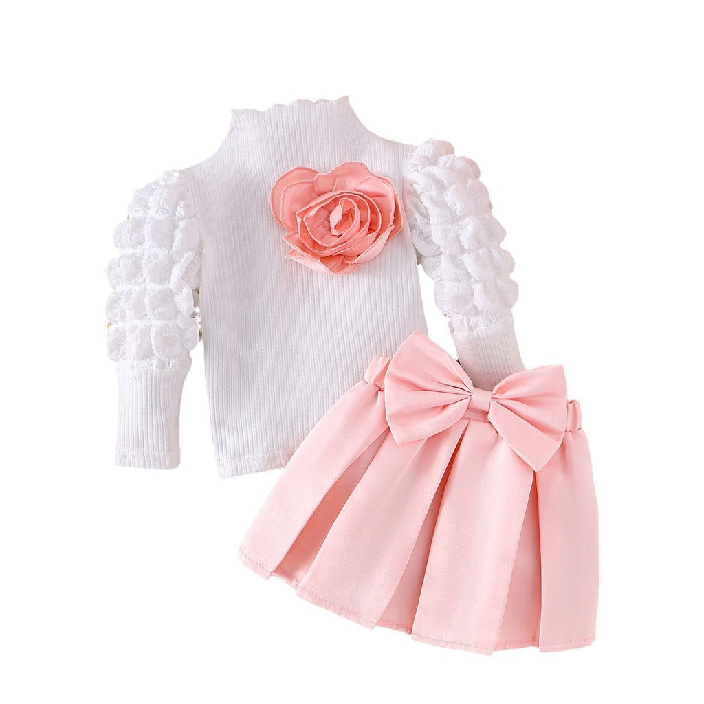 Girls Western Style Bubble Sleeve Turtleneck - Pleated Skirt & Bow Hat 3-Piece Set