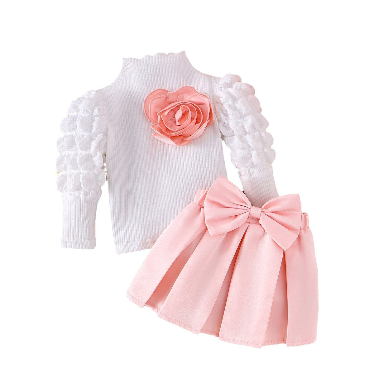 Girls Western Style Bubble Sleeve Turtleneck - Pleated Skirt & Bow Hat 3-Piece Set