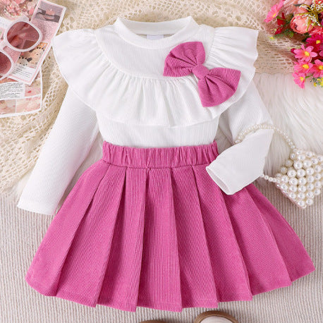 Girls Sweet Bow Ruffle Collar Set - Autumn Fashion Skirt Outfit
