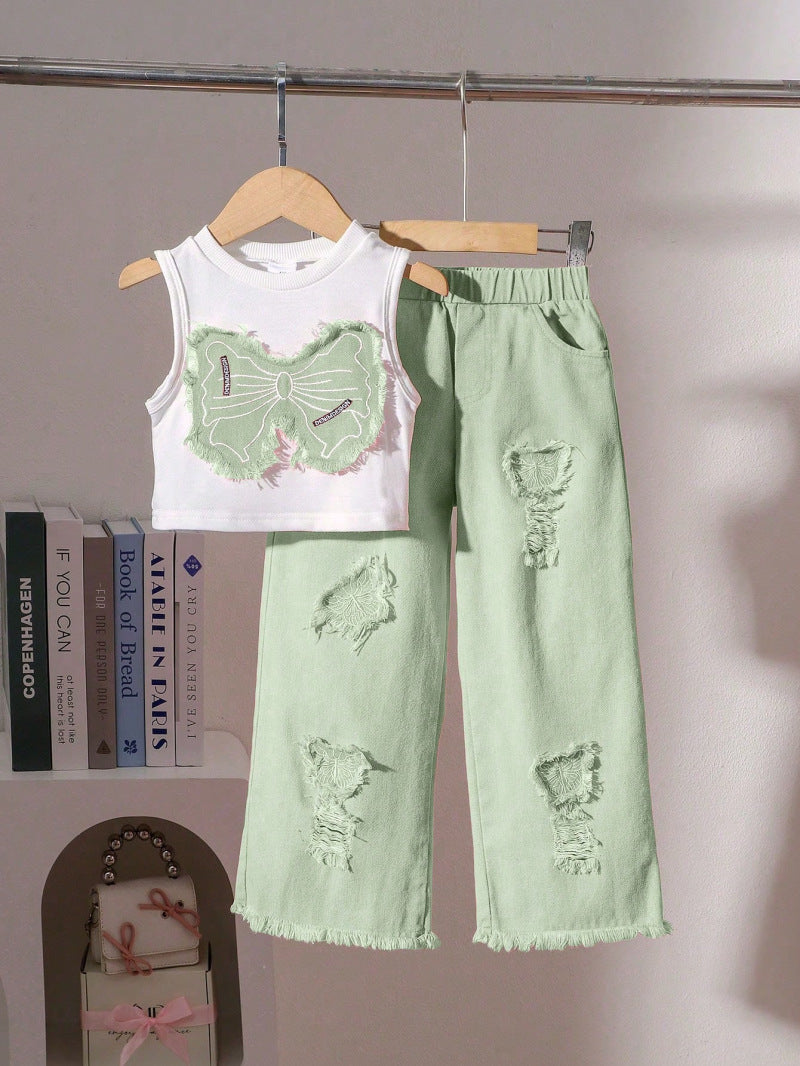 Urban Pixie | Girls Sleeveless Bow Top & Ripped Denim Jeans Set