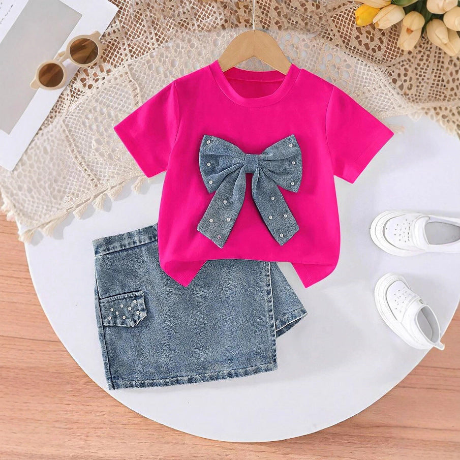 Girls Western Bow Pearl Set - Denim Culotte Fashion Outfit