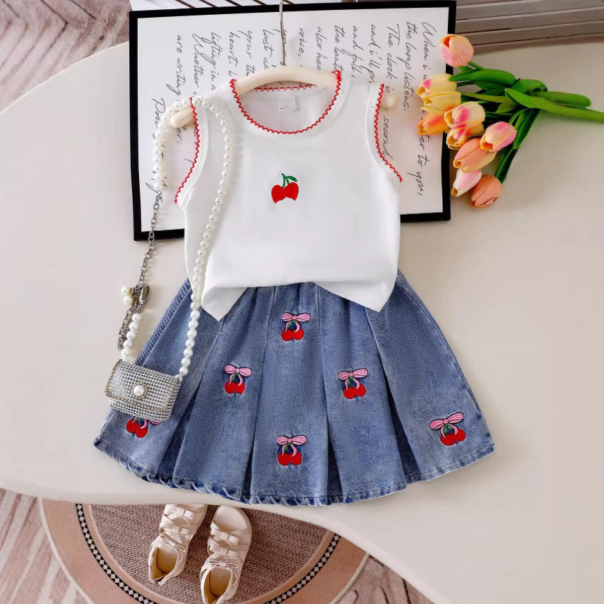 Girls Dogtooth Sleeveless Top - Cherry Embroidered Pleated Denim Skirt Set