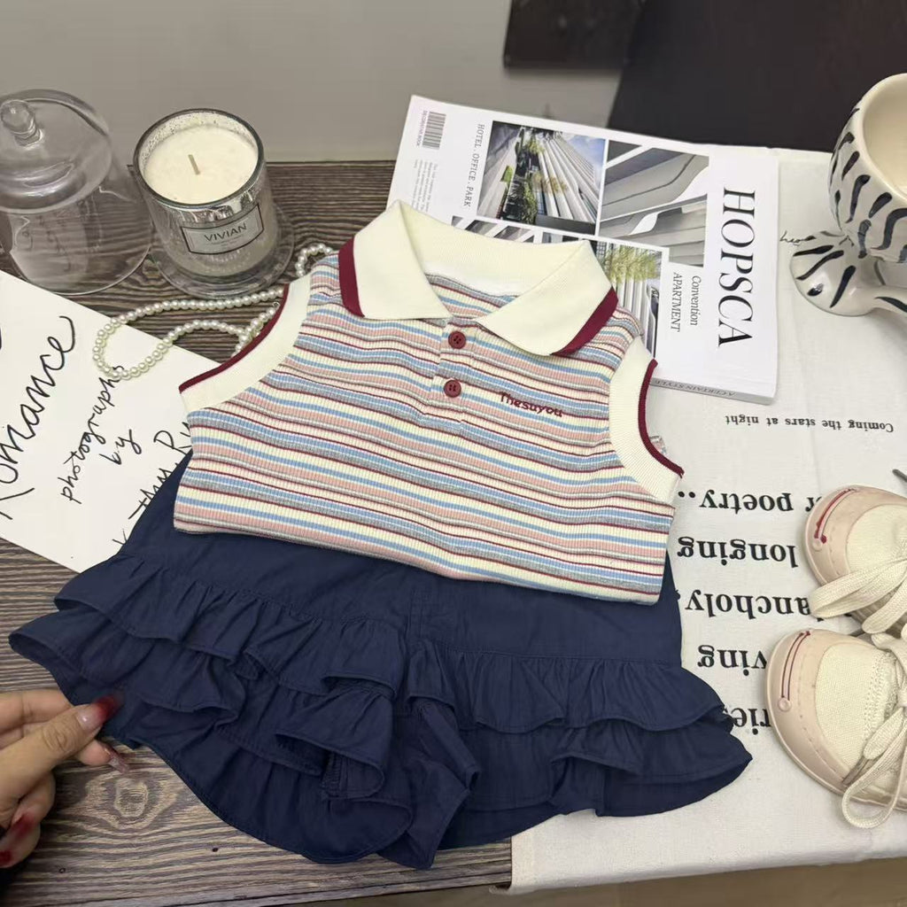 Girls Korean Style Striped Vest - Navy Blue Pleated Culottes 2 Piece Set