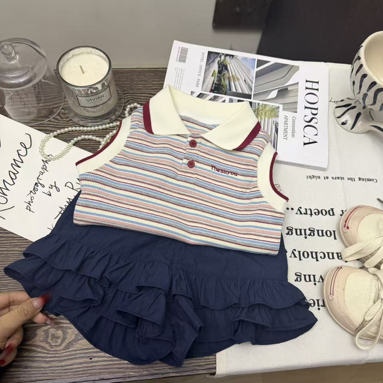 Girls Korean Style Striped Vest - Navy Blue Pleated Culottes 2 Piece Set