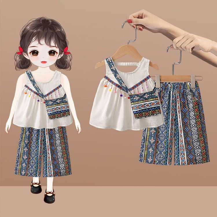 Girls Ethnic Style Summer Suit - Trendy Dopamine Wear Two-Piece Set