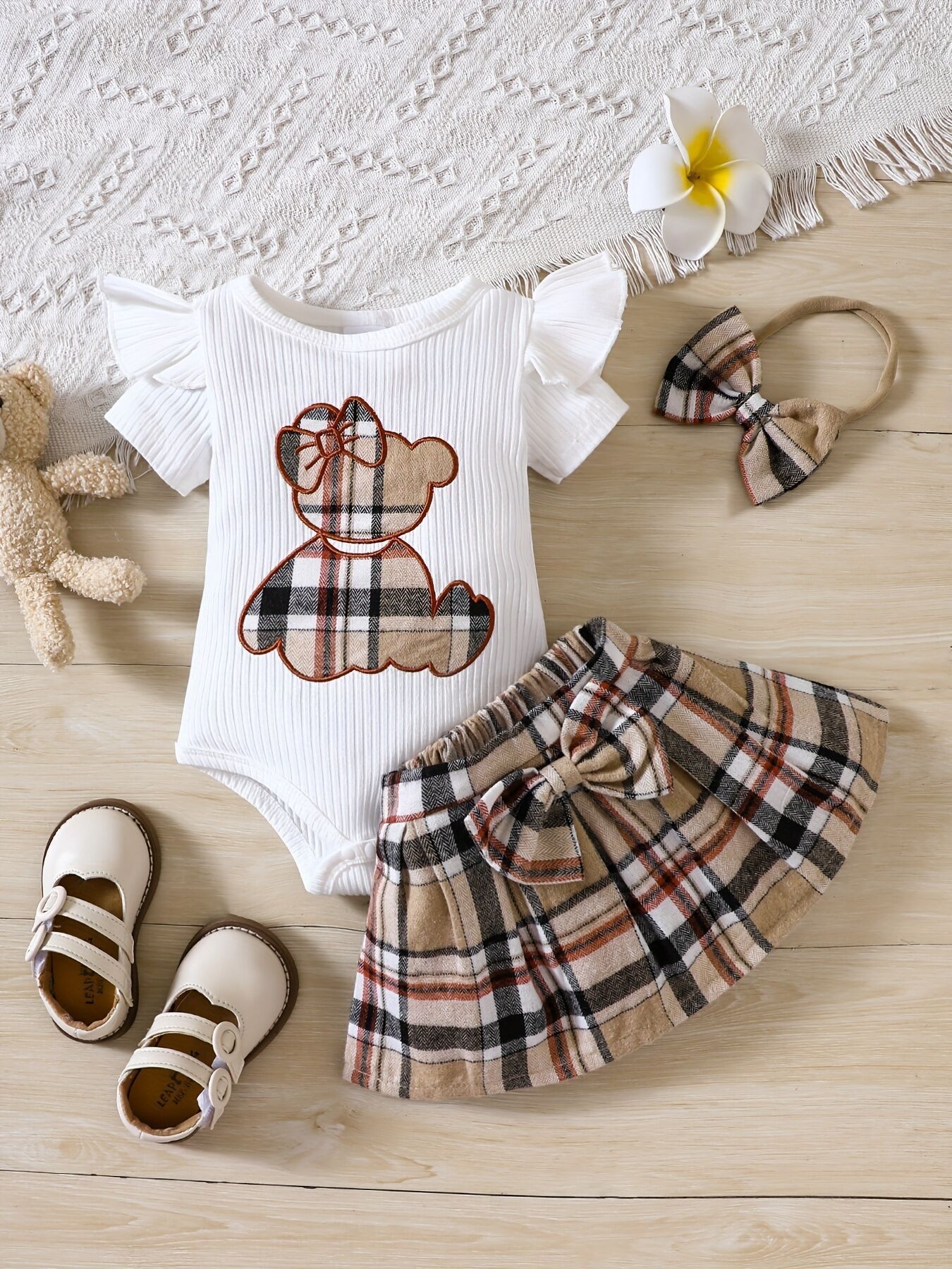 The Picnic Sweetheart | Newborn Baby Girl Plaid Skirt & Bear Romper Set