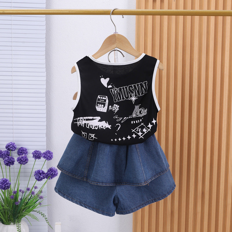 The Azure-Aero | Girls’ "Internet Celebrity" Denim Culotte & Vest Set