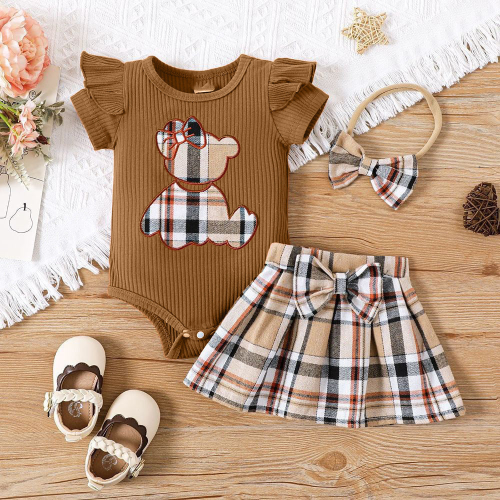 The Picnic Sweetheart | Newborn Baby Girl Plaid Skirt & Bear Romper Set