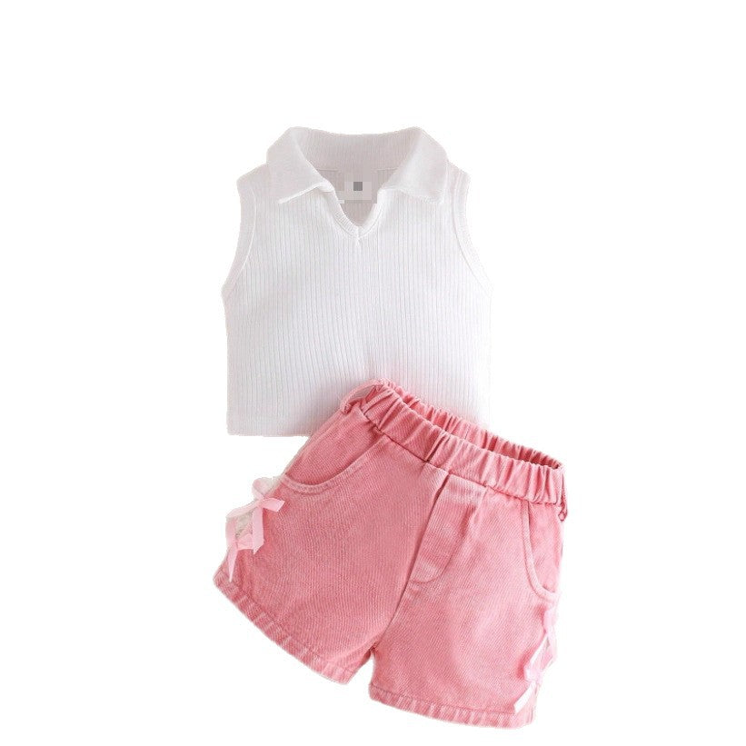 Girls Western Style Denim Set - Sleeveless Stand Collar Outfit