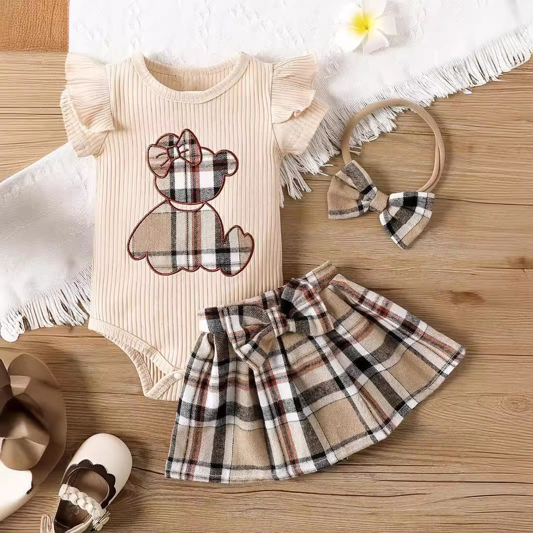 The Picnic Sweetheart | Newborn Baby Girl Plaid Skirt & Bear Romper Set