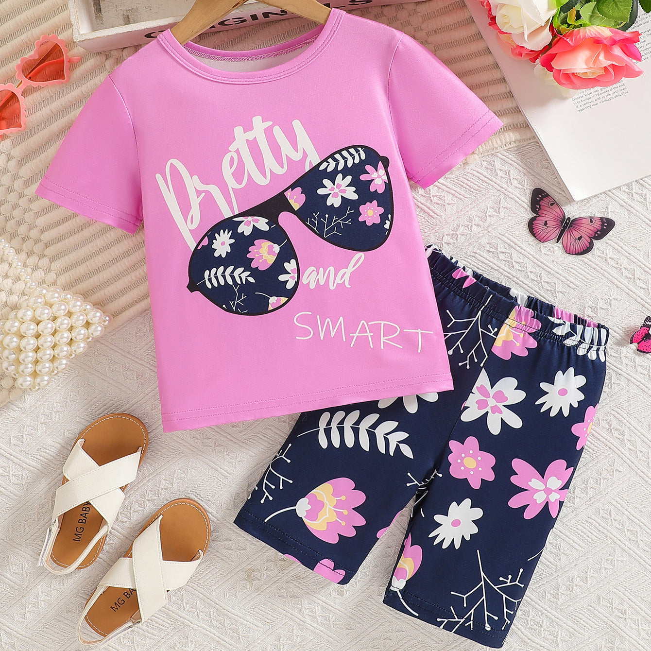 The Riviera Sweetheart | Girls’ Pink T-Shirt & Floral Shorts 2-Piece Set