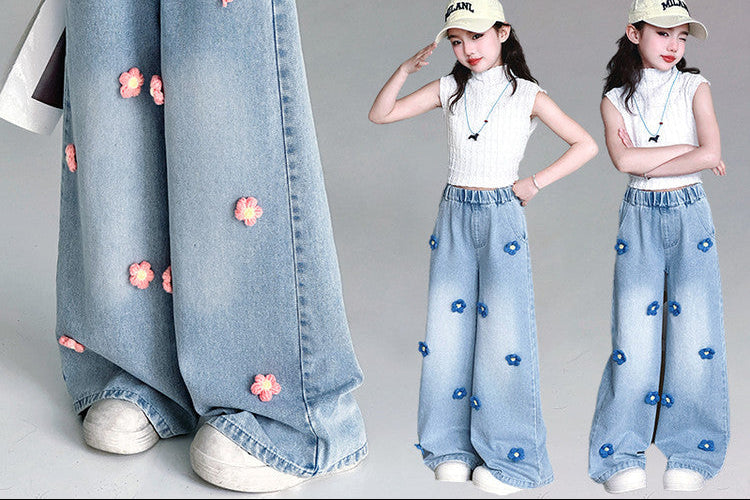 The Garden Muse | Girls' Floral Wide-Leg Spring Jeans