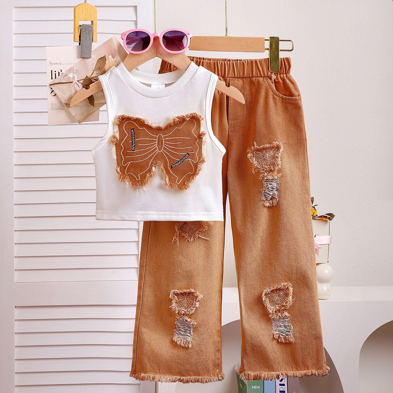 Urban Pixie | Girls Sleeveless Bow Top & Ripped Denim Jeans Set