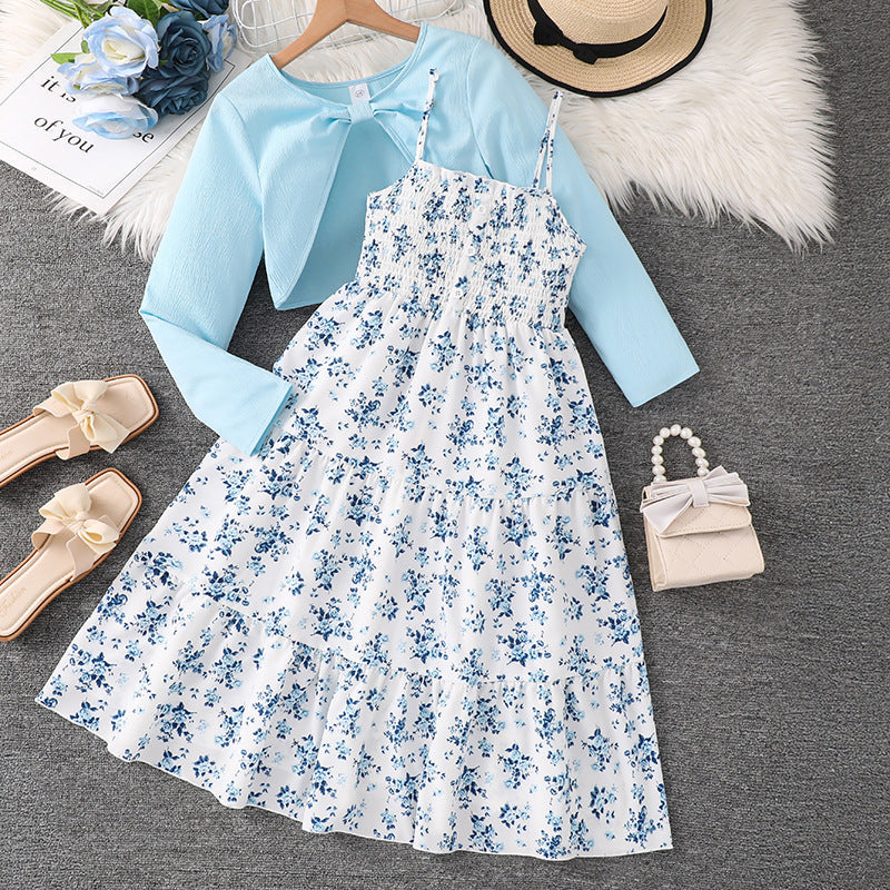 Girls Floral Suspender Dress with Long Sleeve Jacket | Spring Two Piece Set
