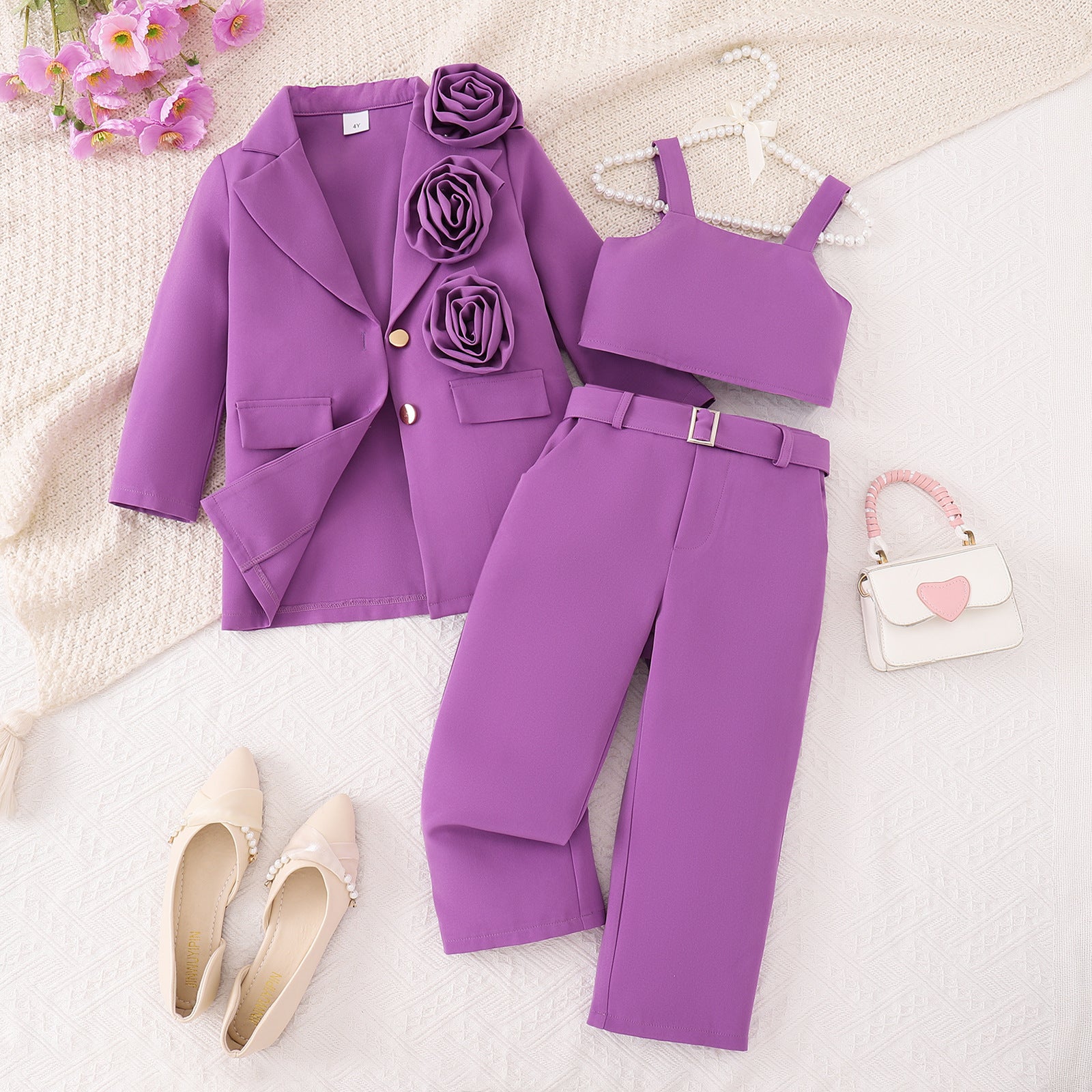 Winter Velvet | Girls 3-D Floral Blazer, Camisole & Trousers Multi-Piece Set