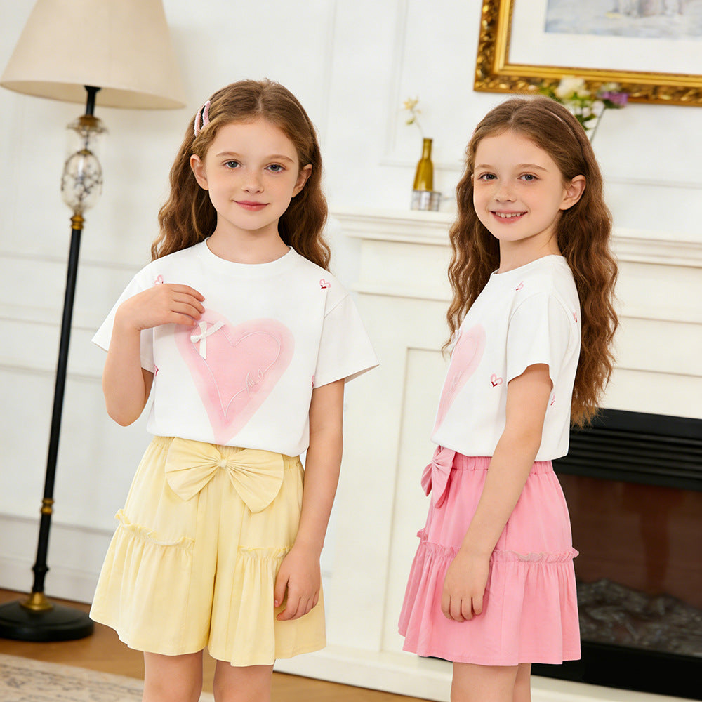 The Meadow Blossom | Girls' Pure Cotton Short-Sleeve Bow Culottes Summer Two-Piece Suit