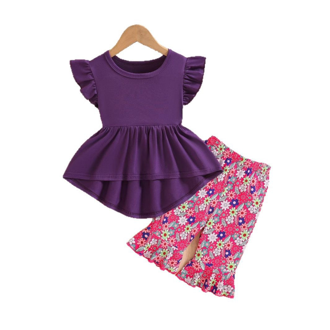 The Blossom-Breeze | Girls’ 2026 "Lotus Leaf" Ruffle Top & Floral Pant Set