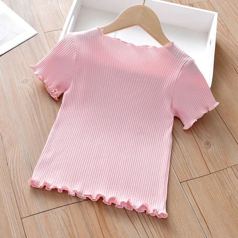 Girls Ice Silk Short Sleeve T-Shirt - Cute Embroidered Summer Lettuce Edge Top