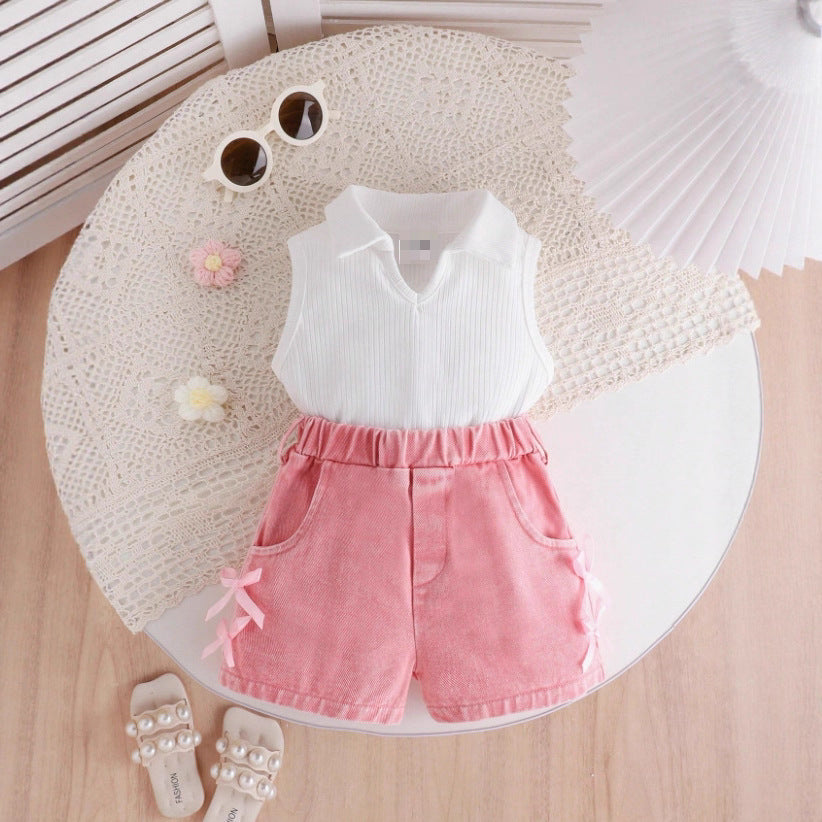 Girls Western Style Denim Set - Sleeveless Stand Collar Outfit