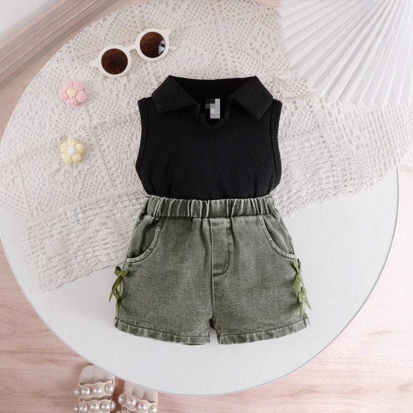 Girls Western Style Denim Set - Sleeveless Stand Collar Outfit