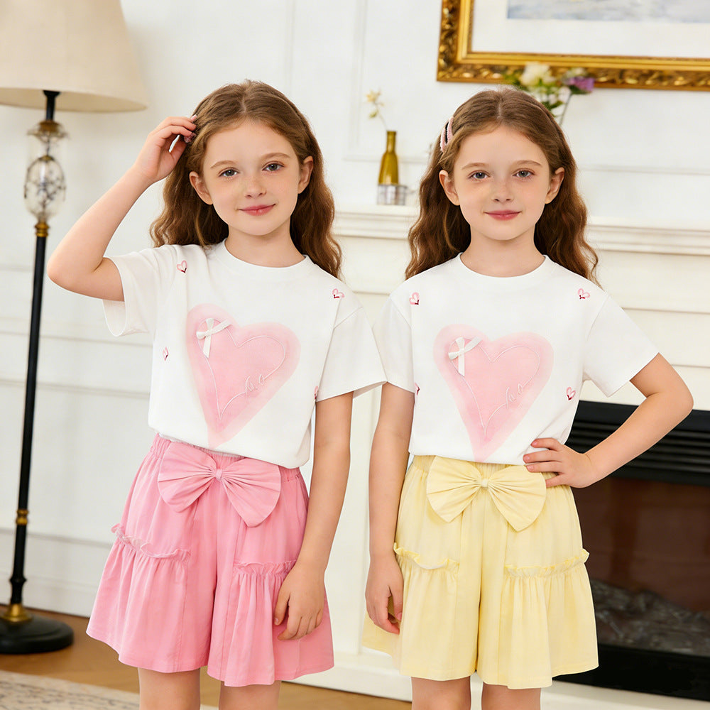The Meadow Blossom | Girls' Pure Cotton Short-Sleeve Bow Culottes Summer Two-Piece Suit