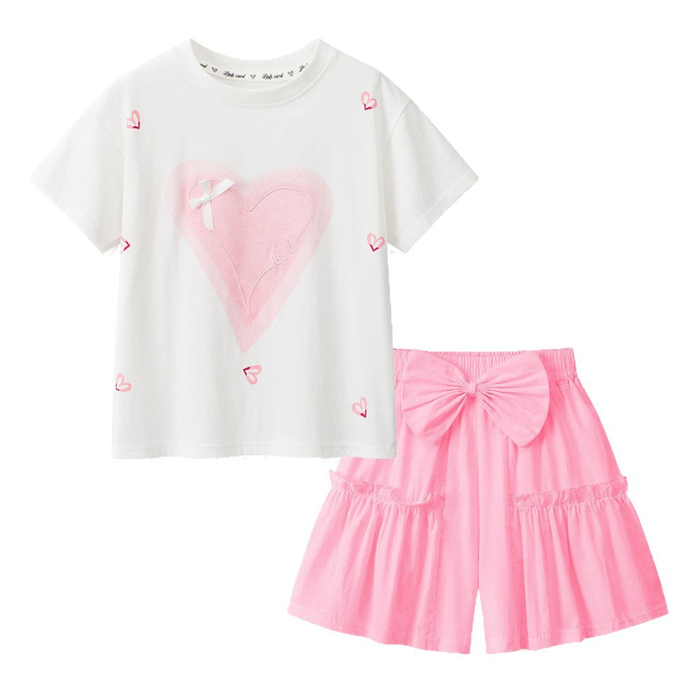 The Meadow Blossom | Girls' Pure Cotton Short-Sleeve Bow Culottes Summer Two-Piece Suit