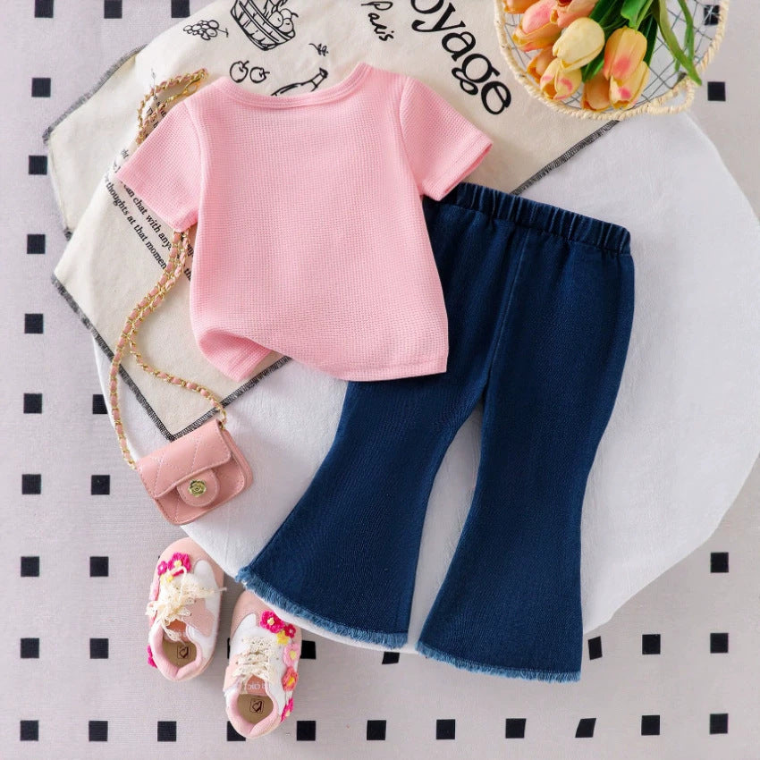 Girls Western Style Long-Sleeve Denim Butterfly Embroidered Top - Flare Jeans Set