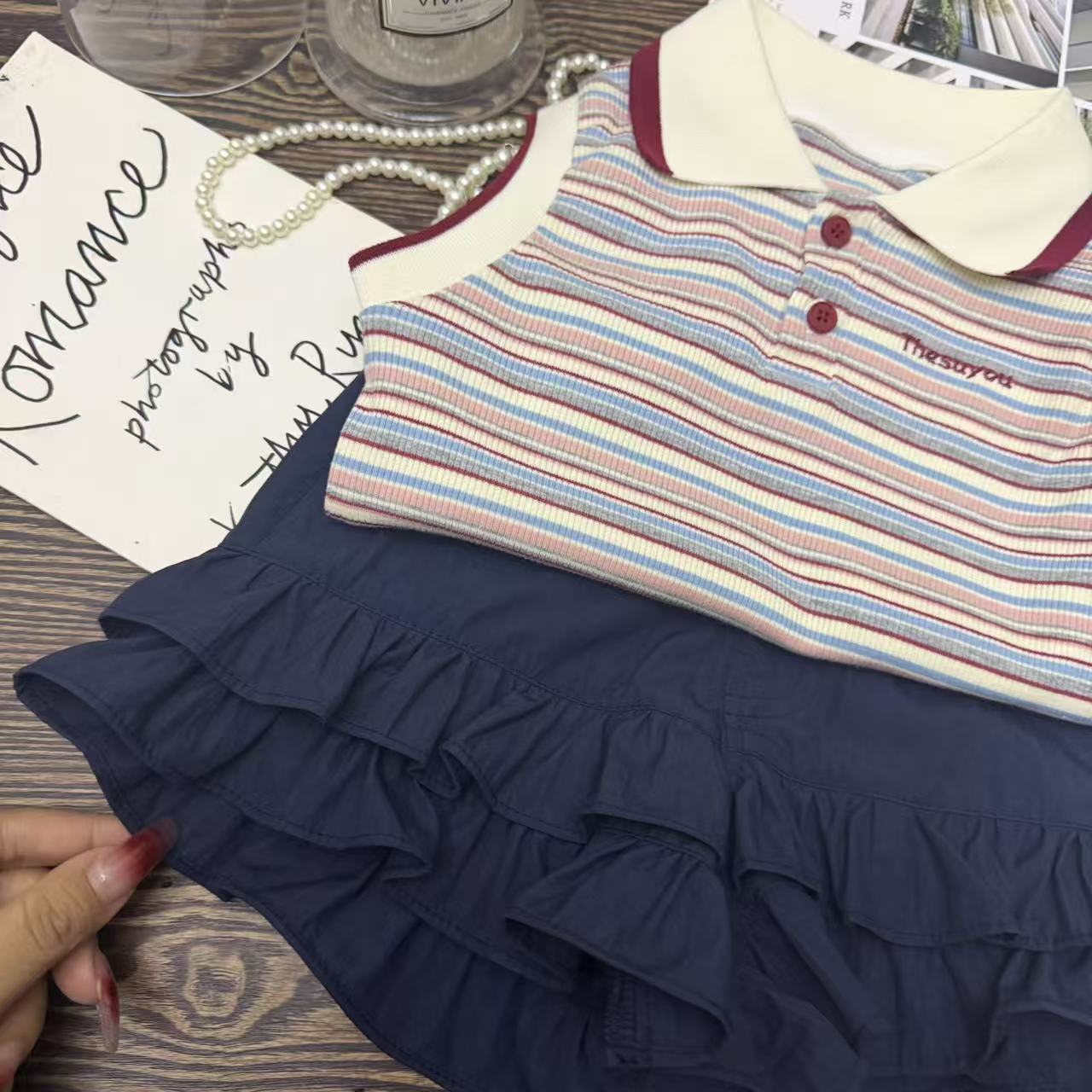 Girls Korean Style Striped Vest - Navy Blue Pleated Culottes 2 Piece Set