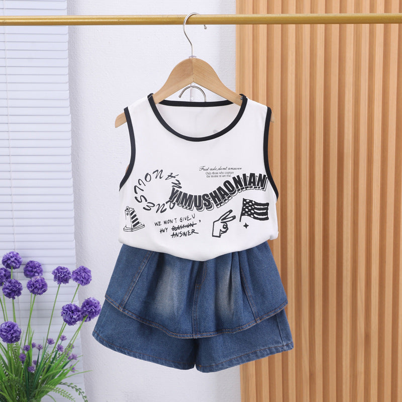 The Azure-Aero | Girls’ "Internet Celebrity" Denim Culotte & Vest Set