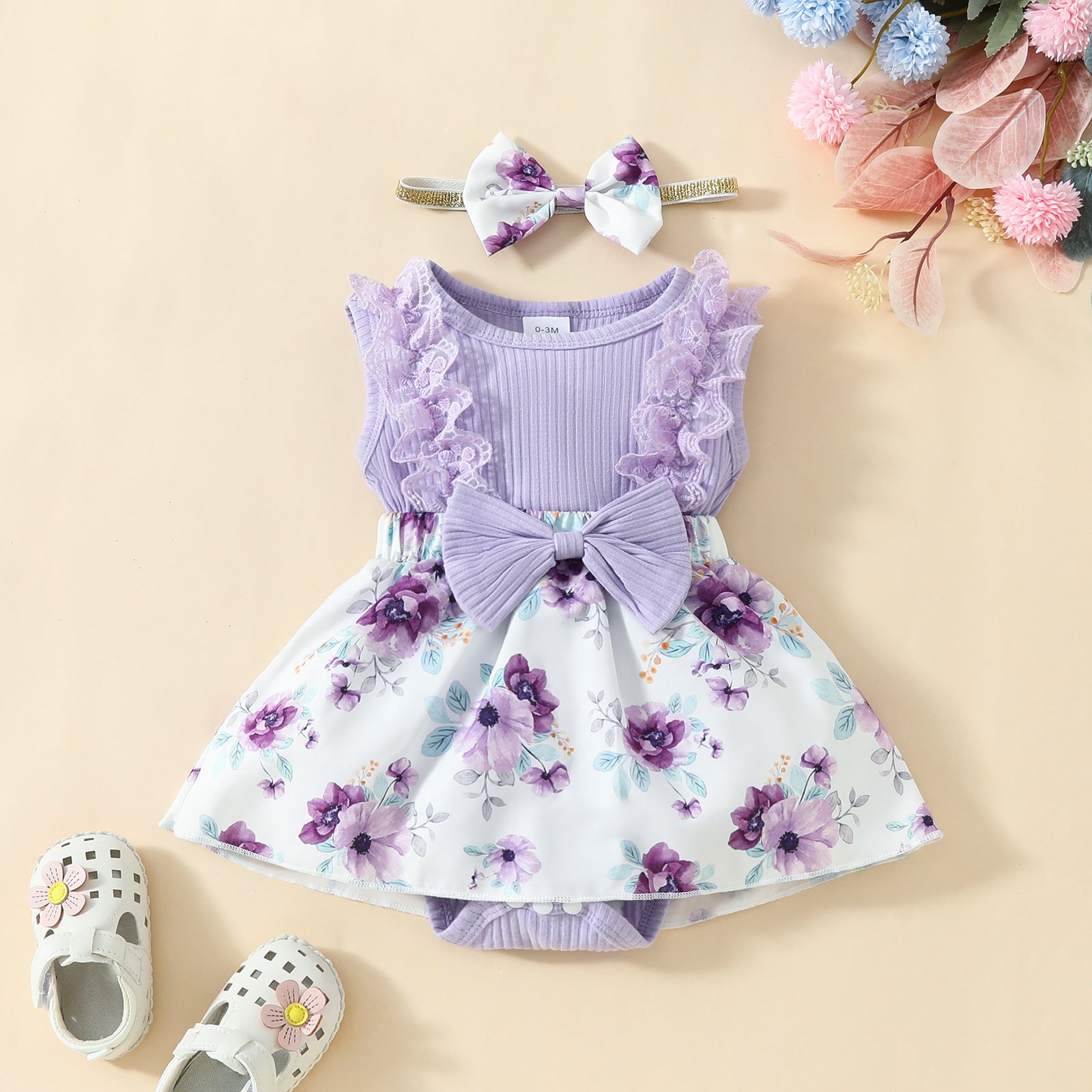 The Lace Loveling | Infant Sleeveless Floral Embroidery Triangle Romper