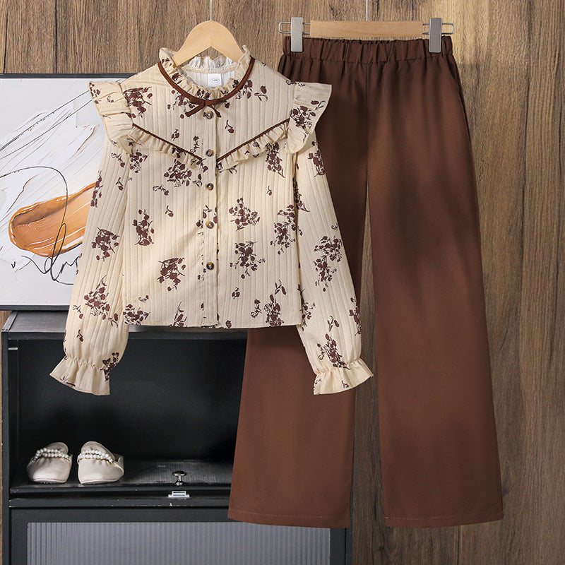 Vintage Romance | Girls Lace Print Long-Sleeve Shirt & Wide-Leg Pants Set
