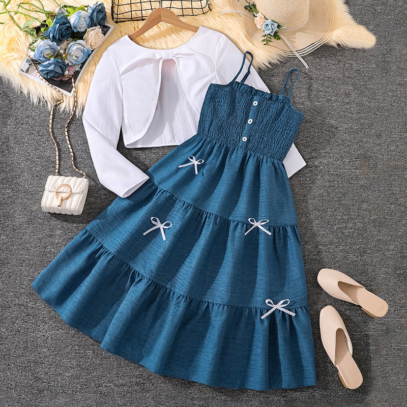 Girls Sweet Suspender Dress with Long Sleeve Jacket | Spring Two Piece Set