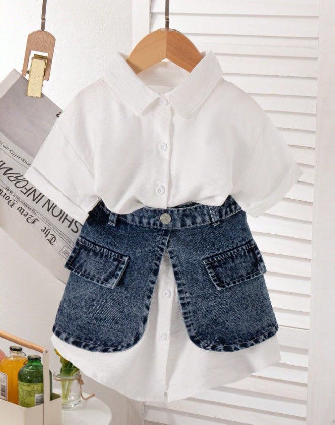 Girls Western Fashion Shirt Set - Short-Sleeve Denim Waist Skirt Outfit