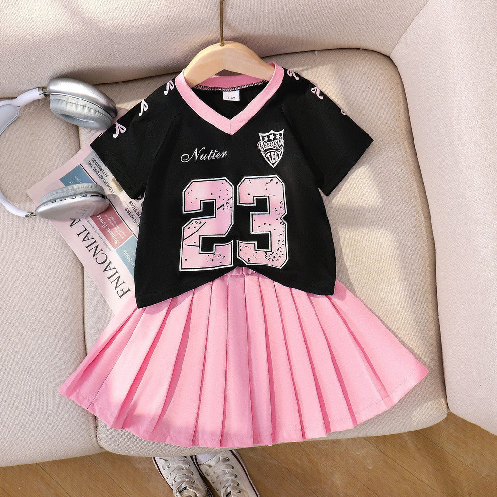 Girls College Style Princess Set - V-Neck Letter Print Outfit