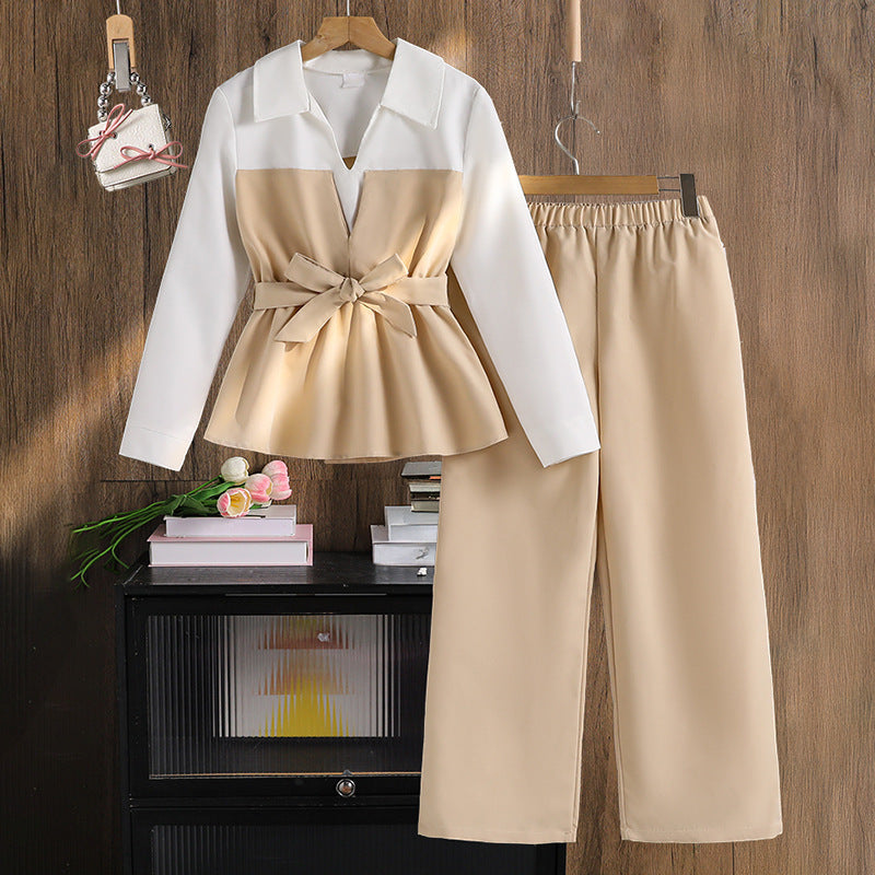 Girls Contrast Color Two Piece Set | Spring Long Sleeve Top + Casual Pants