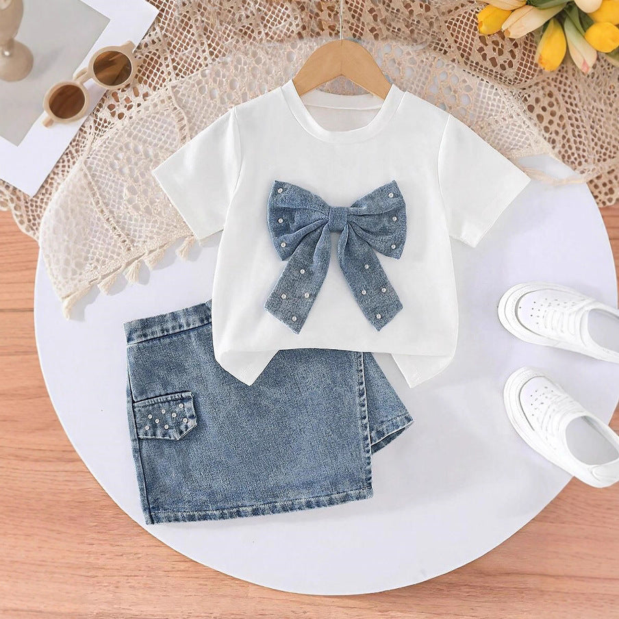 Girls Western Bow Pearl Set - Denim Culotte Fashion Outfit