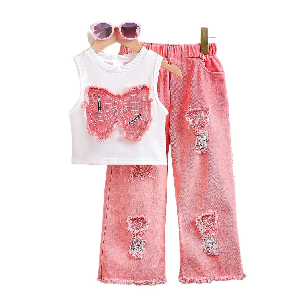 Urban Pixie | Girls Sleeveless Bow Top & Ripped Denim Jeans Set