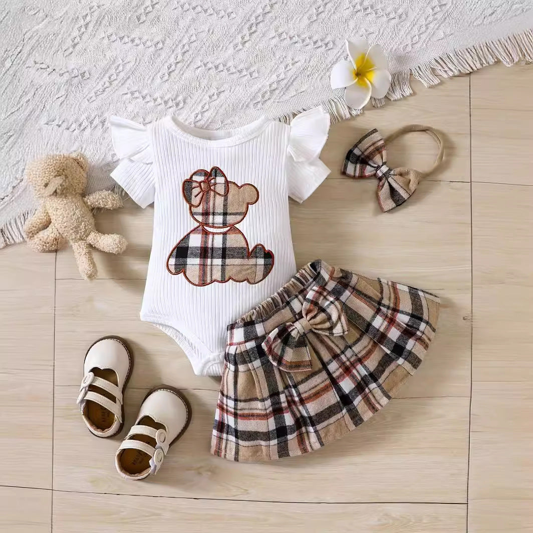The Picnic Sweetheart | Newborn Baby Girl Plaid Skirt & Bear Romper Set