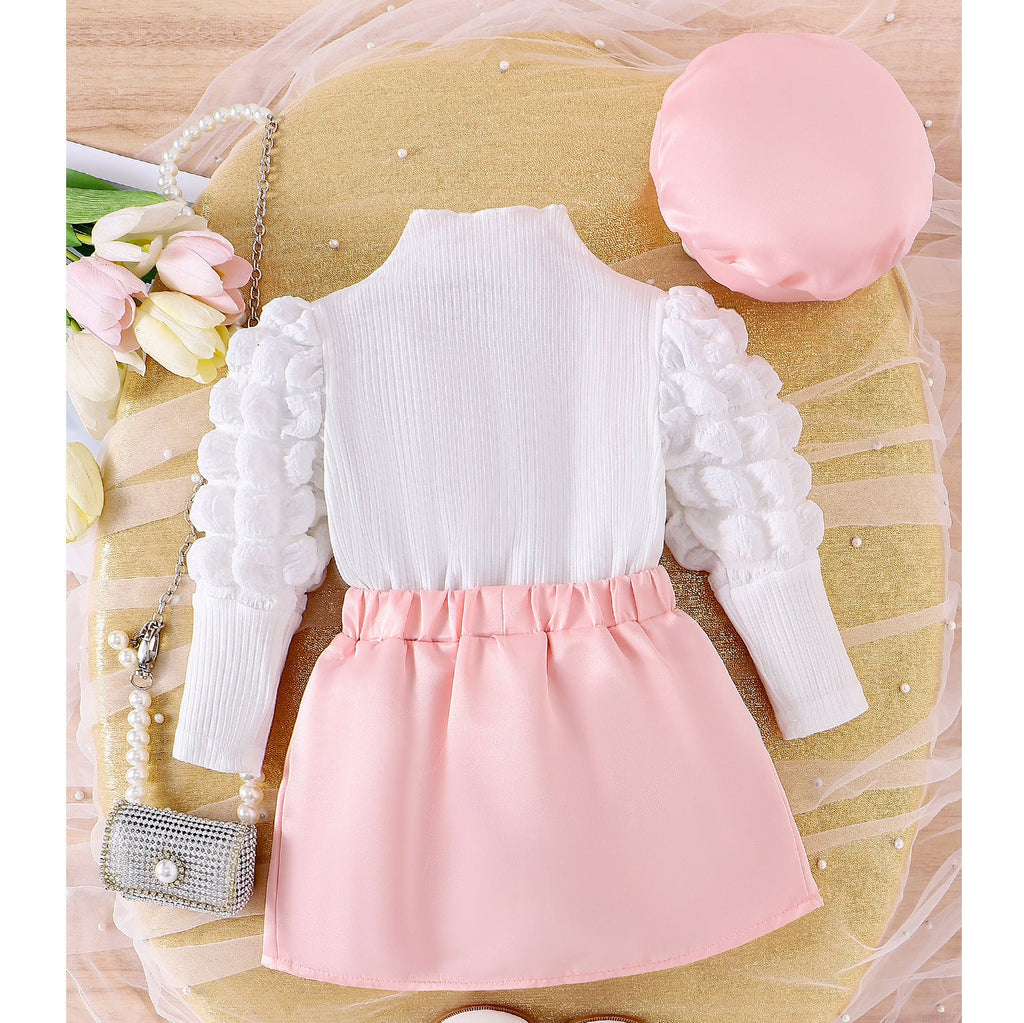 Girls Western Style Bubble Sleeve Turtleneck - Pleated Skirt & Bow Hat 3-Piece Set