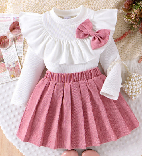 Girls Sweet Bow Ruffle Collar Set - Autumn Fashion Skirt Outfit