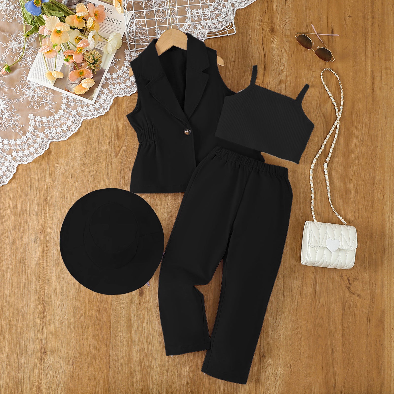 The Executive Mini | Girls’ Tailored Jacket, Vest, Trousers & Matching Hat 4-Piece Suit
