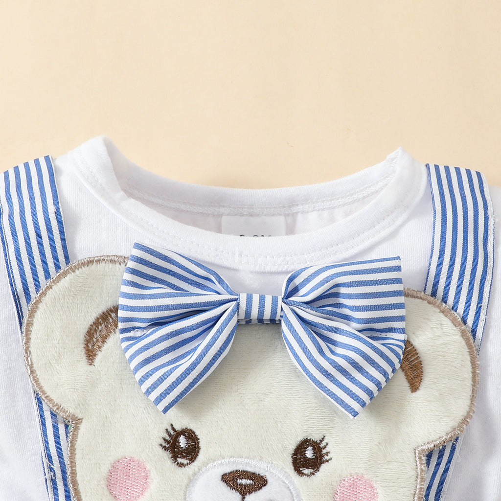 The Honey Bear Heirloom | Baby Girl Bear Embroidered "Fake Suspender" Romper Dress