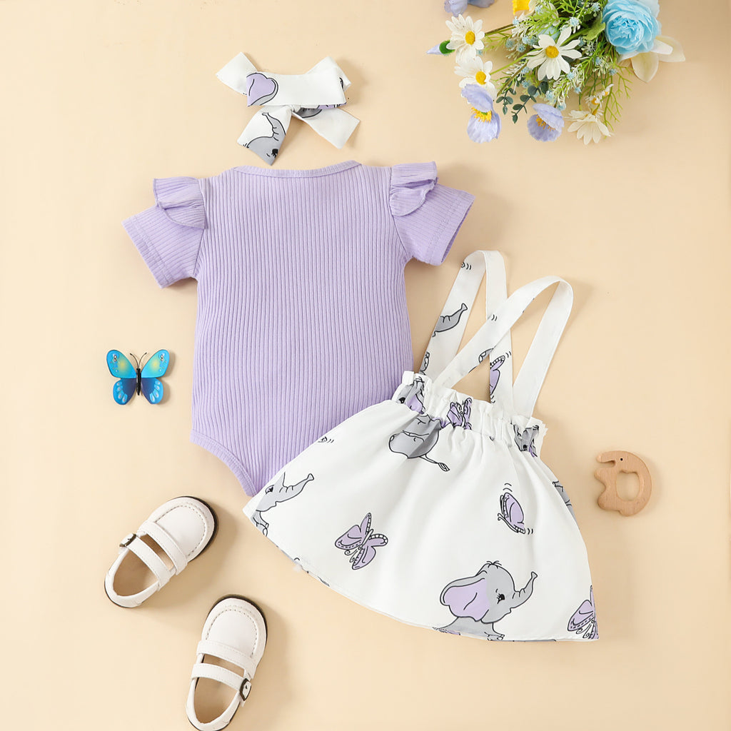 The Savannah Sweetheart | Baby Girl Elephant Print Suspender Skirt & Ribbed Romper