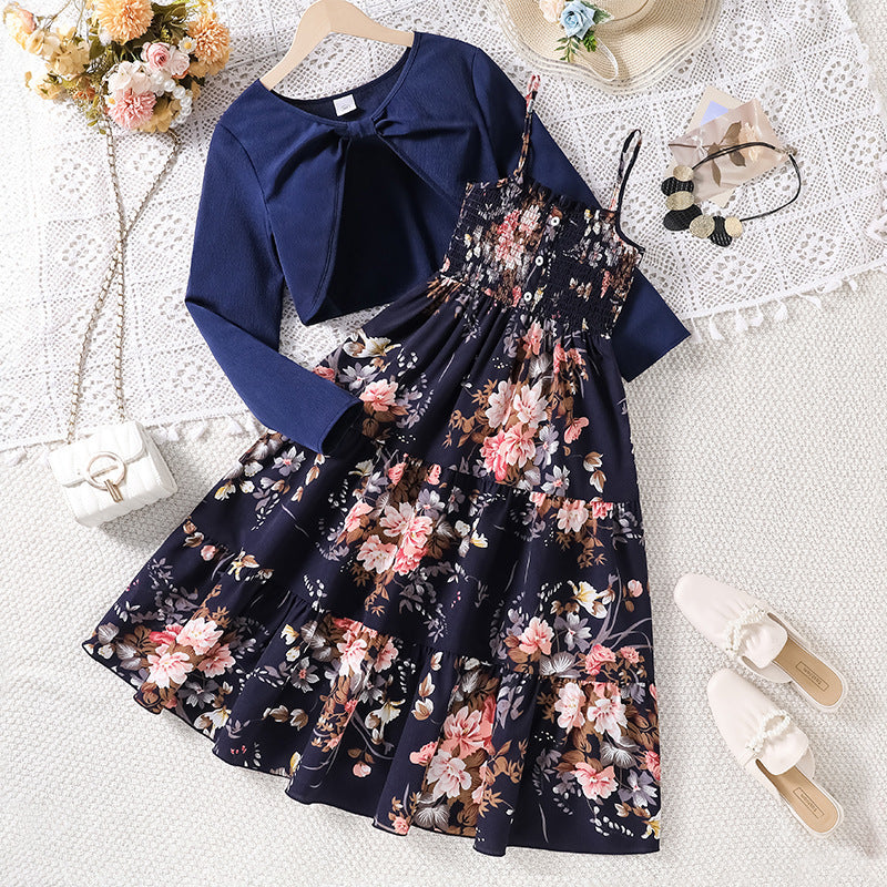 Girls Floral Suspender Dress with Long Sleeve Jacket | Spring Two Piece Set
