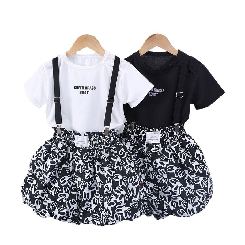 The Urban-Luxe | Girls’ "Letter-Link" Letter Print Strap Shorts Set