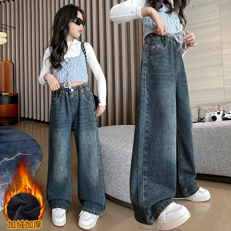 The Velour Voyager | Girls' Wide-Leg Velvet Denim Trousers