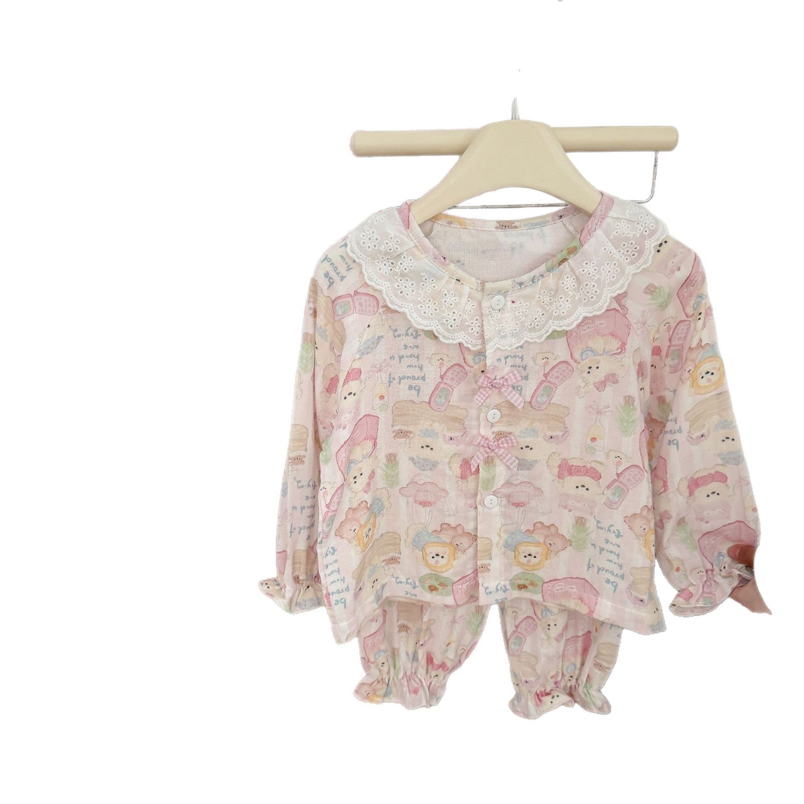 Girls Lace Pajamas Set |Summer Pure Cotton Loungewear Double Layer